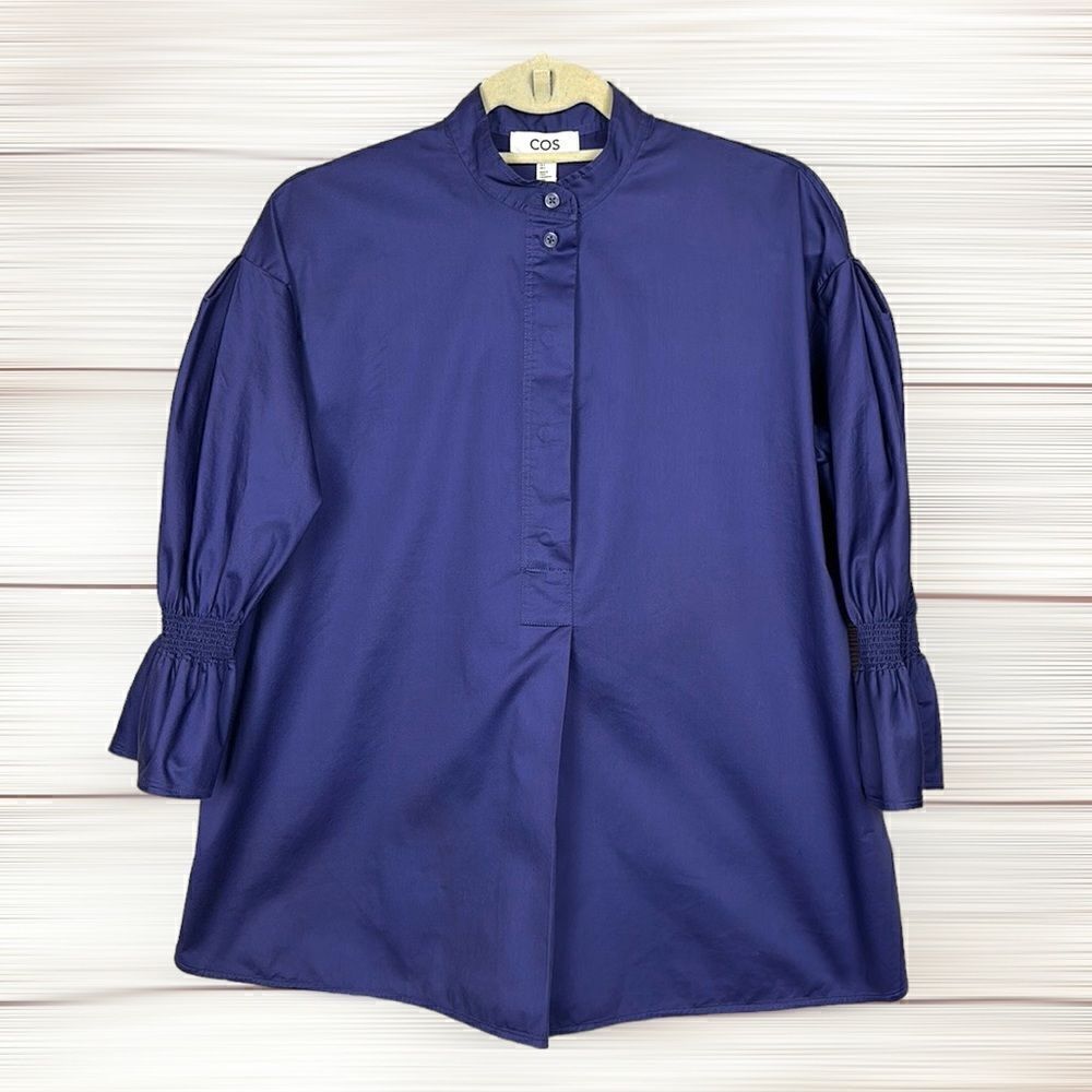 COS Royal Blue Cotton Sateen Blouse Oversized Top Smocked Bell Sleeves US 2